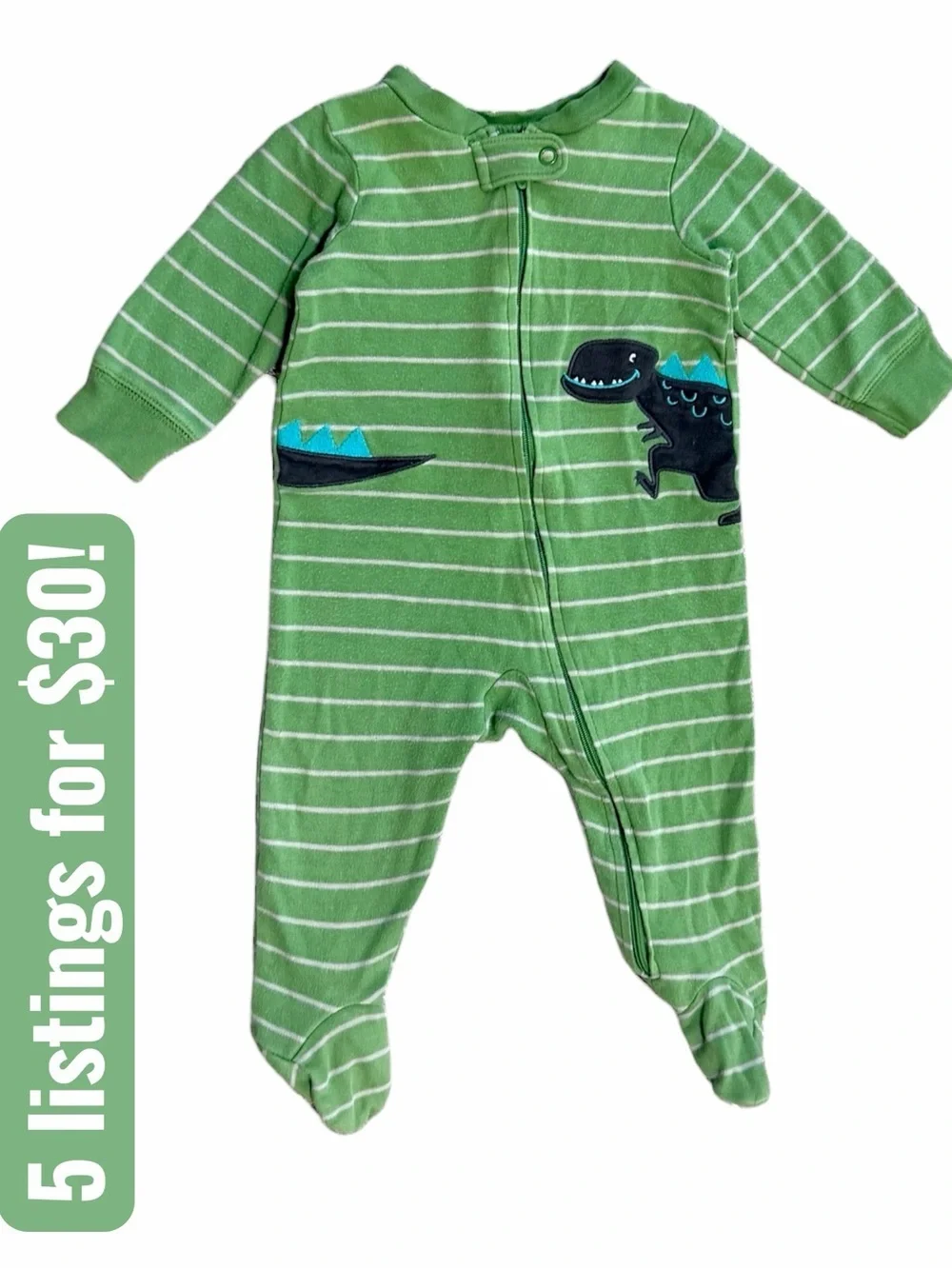 Carter's Baby Boy Footies Sleeper Green Striped Dino Footed One-Piece 6 Months